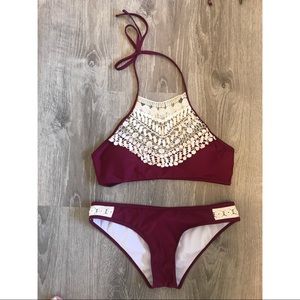 Cupshe Lace Halter Bikini Set Deep Burgundy
